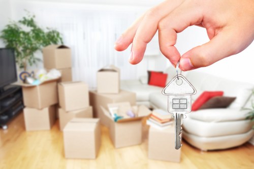 Boxes and household items prepared for transport in a Marylebone move